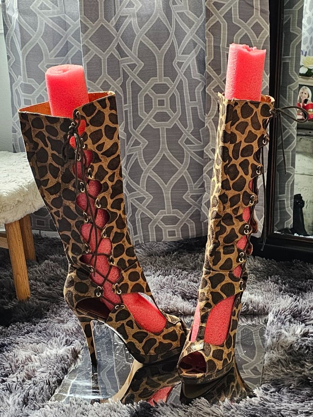 Mona Mia Leopard Print Cutout Lace‑Up Knee‑High Heeled Boots – Size 9